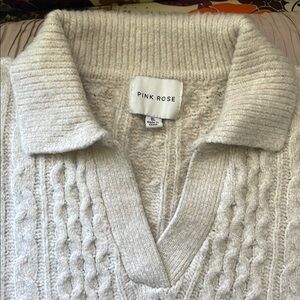 Pink Rose Cream V-Neck Cable Sweater